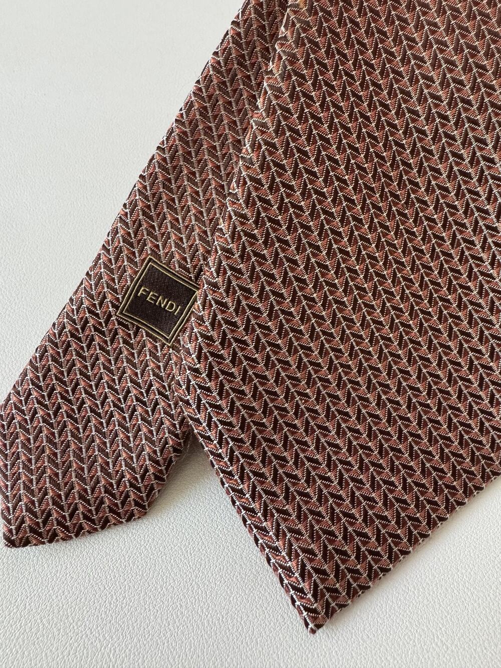 Fendi Tie Mens Pink Brown Herringbone Silk Logo Jacquard Made Italy Designer